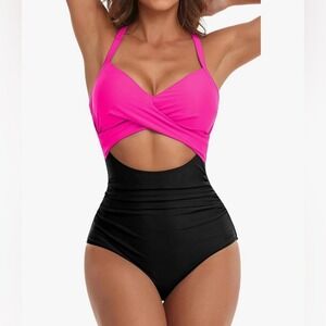 NWT Eomenie Size S Pink Tummy Control‎ High Waist Cutout One Piece Swimsuit